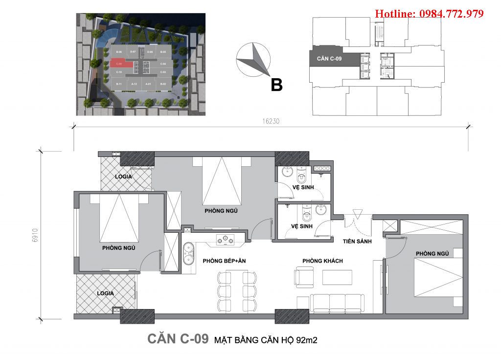 Thiết kế căn C9 Startup Tower Đại Mỗ, căn 3PN, hướng BC Đông nam, cửa vào Tây nam